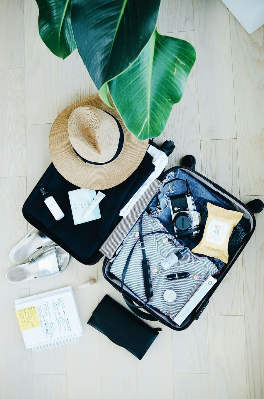 Packed travel hat and belongings for baggage cover